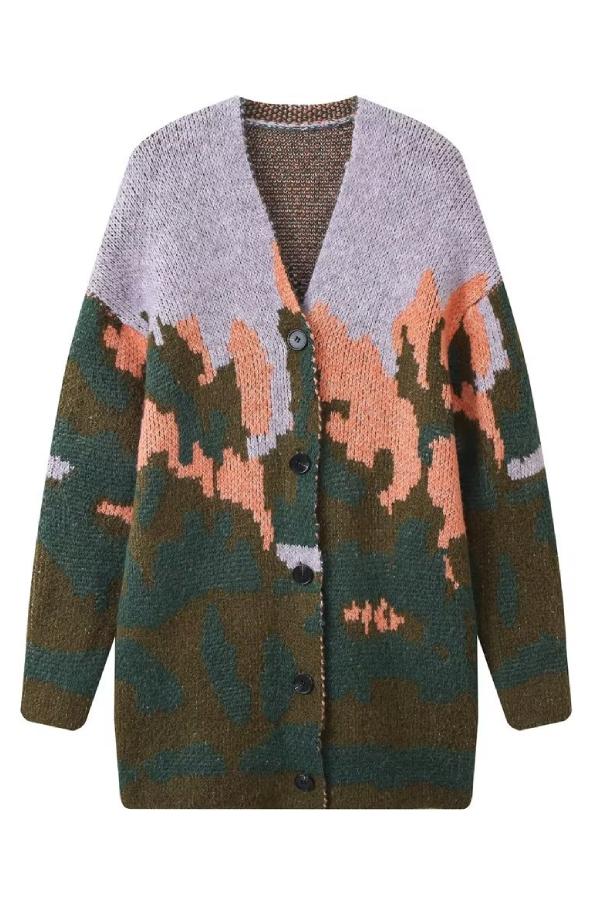 Abrigo de punto holgado con cuello en V y manga larga con estampado de paisaje 