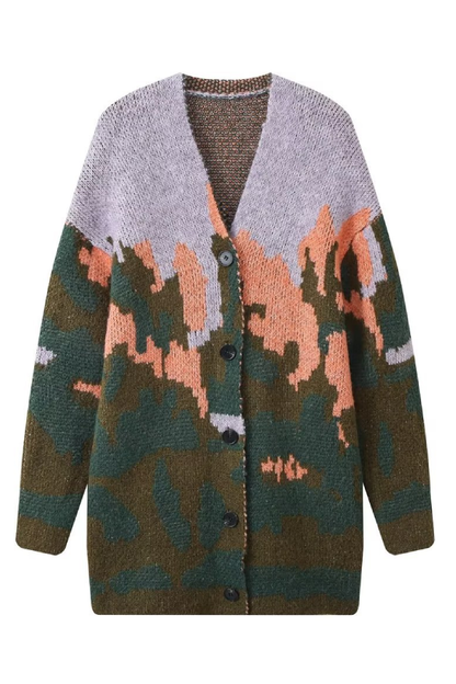 Abrigo de punto holgado con cuello en V y manga larga con estampado de paisaje 