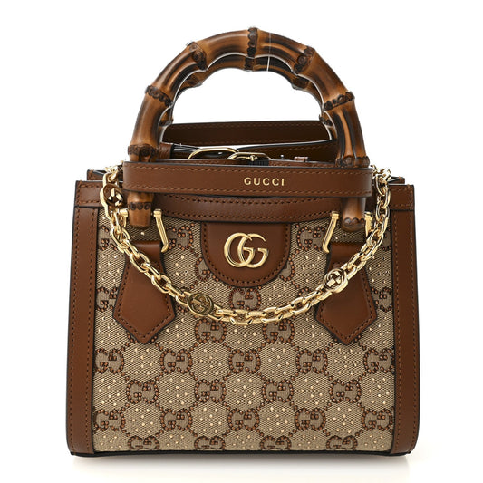 New Canvas Charisma Calfskin Crystal GG Monogram Mini Diana Tote Bag Camel Ebony