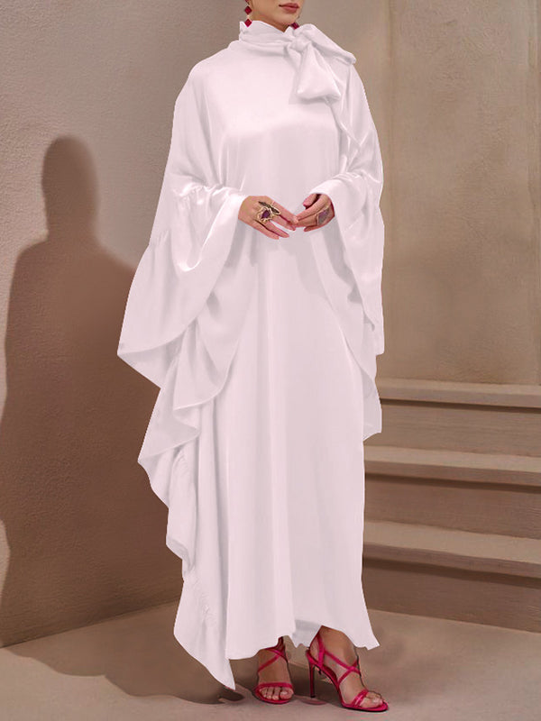 Batwing Sleeves Loose Hollow Pleated Solid Color Split-Joint High Neck Evening Dresses Maxi Dresses