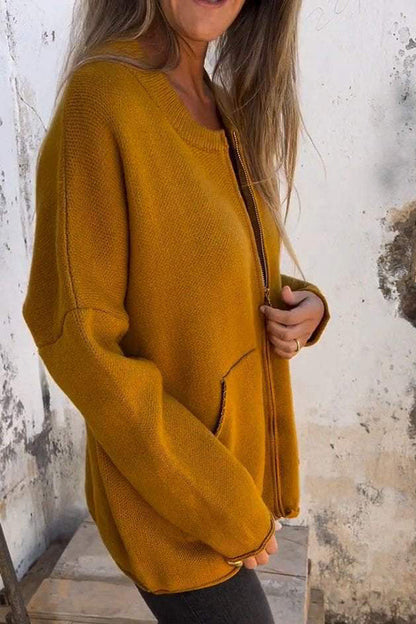 Chaqueta de punto informal de color liso con cuello redondo, manga larga y bolsillo con cremallera