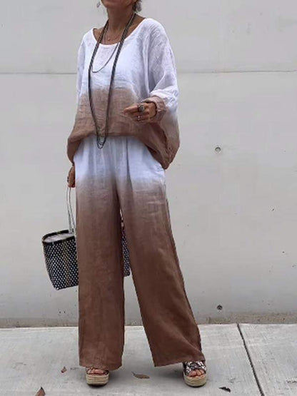 Conjunto de dos piezas de algodón y lino degradado para mujer 