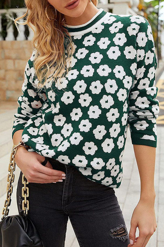 Suéter de punto con estampado floral y cuello alto, suéter ligero con bloques de color