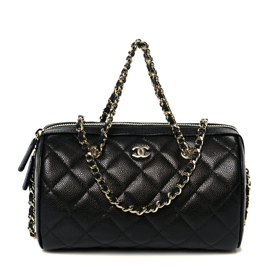 Caviar Quilted Barrel Clutch With Chain Black