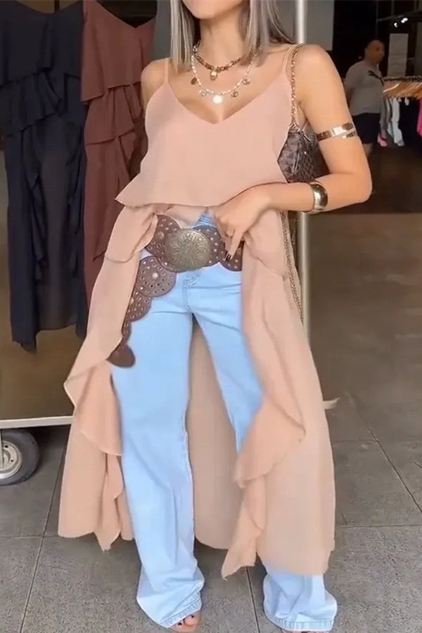 Top holgado irregular con volantes y cuello en V de color liso
