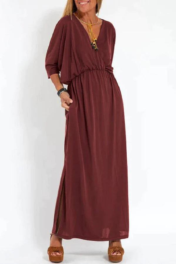 Vestido largo con abertura y bolsillos, manga corta y cintura elástica, comodidad suprema