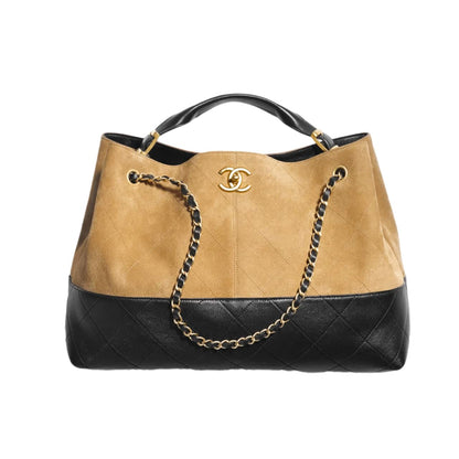 CHANEL SHOPPING BAG GOLD TONE MENTAL BEIGE AND BLACK 36CM AS5657 B20827 U1536