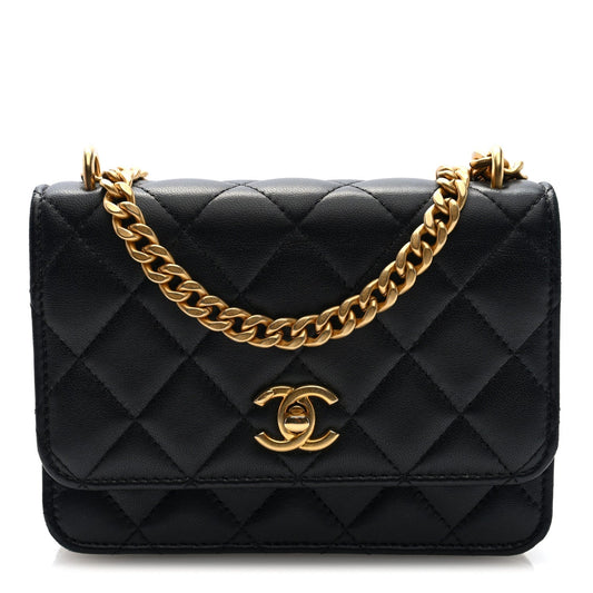 Lambskin Quilted Mini Sweet Camellia Wallet on Chain WOC Black