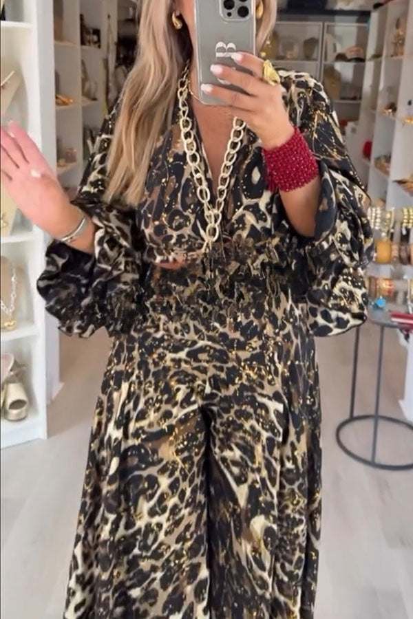 Conjunto de top con mangas abullonadas y estampado de leopardo dorado y pantalones acampanados extragrandes con cintura elástica y tiro alto