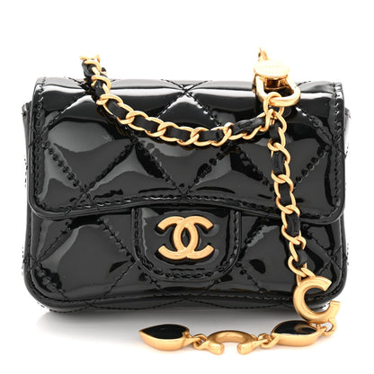 Patent Enamel Quilted Coco Hearts Clutch With Chain Black