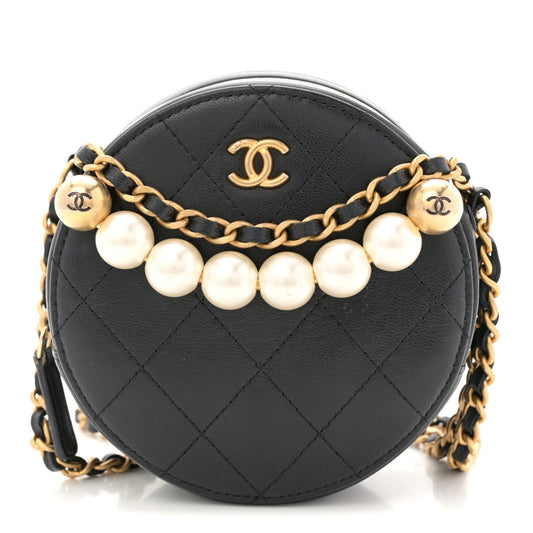 Goatskin Quilted Chic Pearls Chain Round Clutch With Chain Black