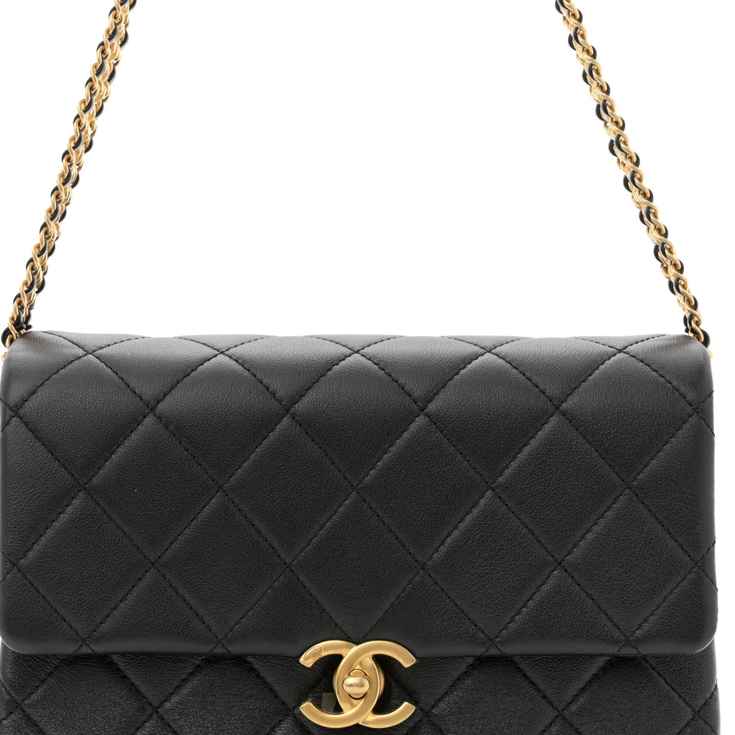 Calfskin Quilted Belt Chain Flap Black