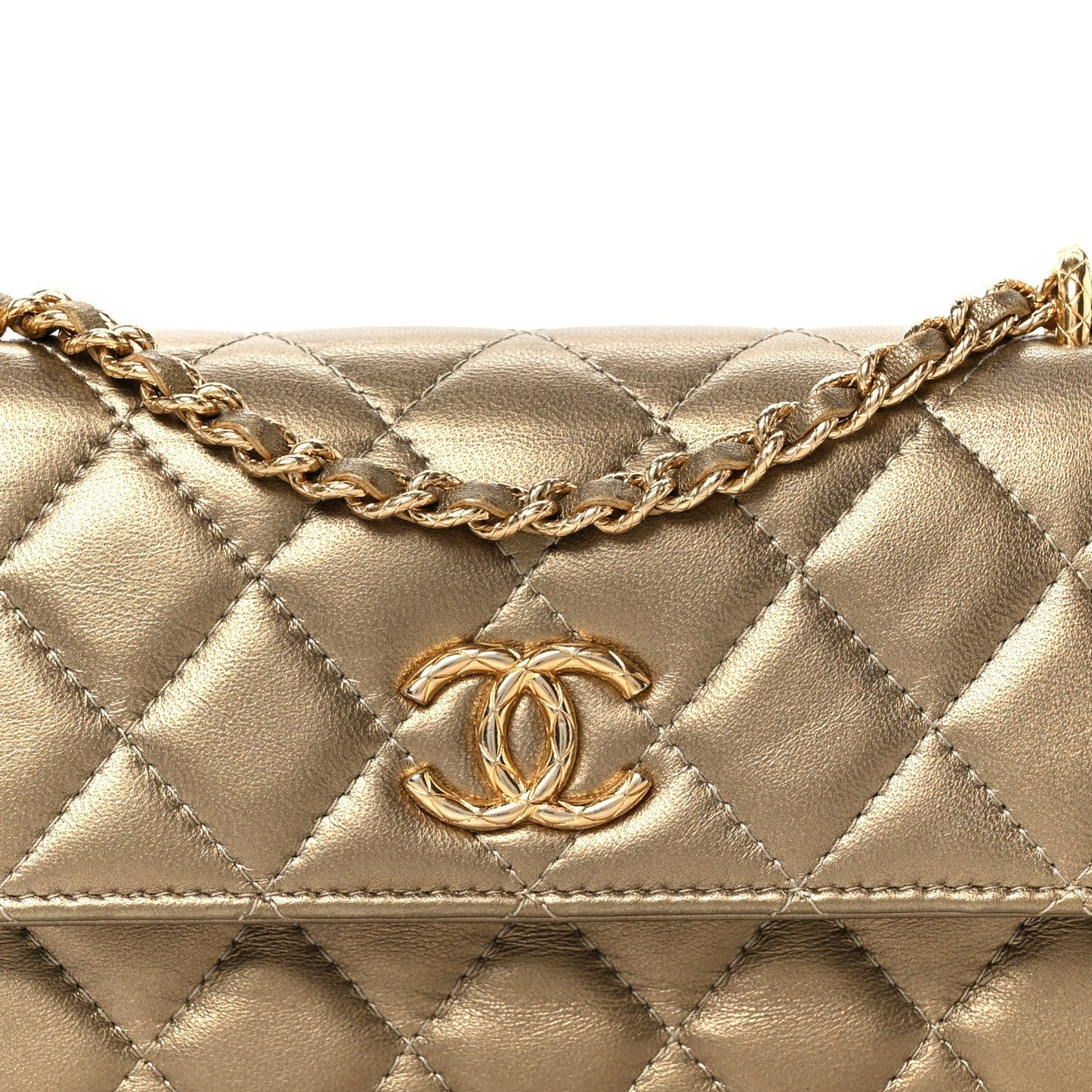 Metallic Lambskin Quilted Dynasty Flap Phone Holder With Chain Gold