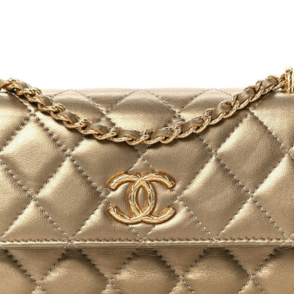 Metallic Lambskin Quilted Dynasty Flap Phone Holder With Chain Gold
