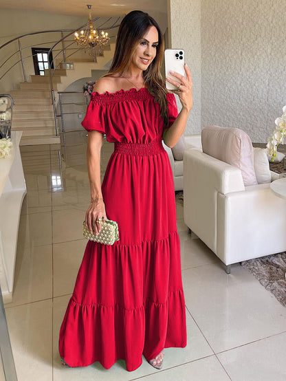 Boho Dress Off The Shoulder Pleated Tiered Casual Summer Maxi Dresses