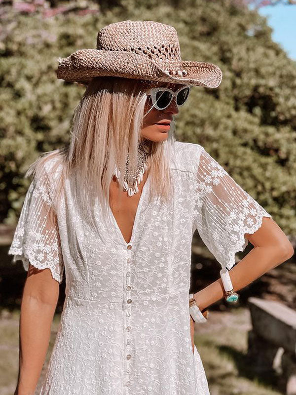 Maxi Dress V Neck Short Sleeves Lace Casual White Boho Dresses