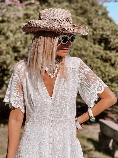 Maxi Dress V Neck Short Sleeves Lace Casual White Boho Dresses