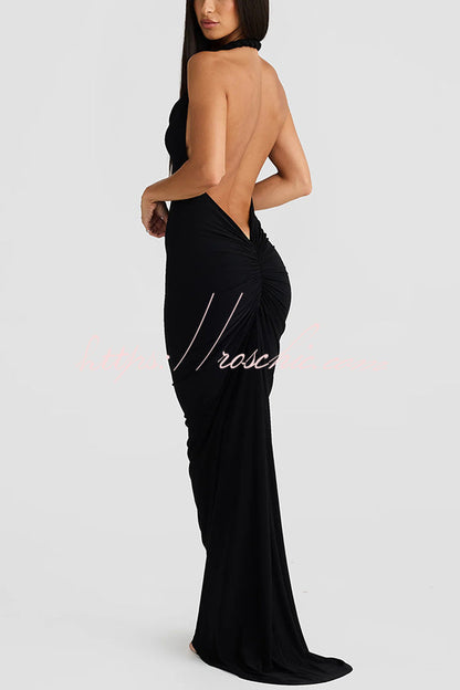Sexy Halter Neck Open Back Pleated Slim Fit Maxi Dress