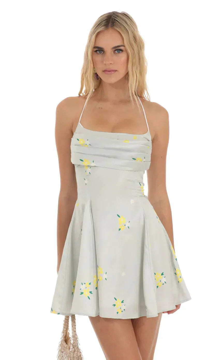 Draped Floral A-Line Dress in Light Green