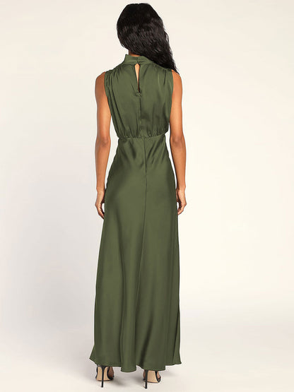 Maxi Dress High Collar Sleeveless Casual Low-slit Long Dress