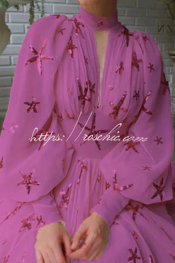 Grand Evening Chiffon Star Sequins Lantern Sleeve Party Maxi Dress