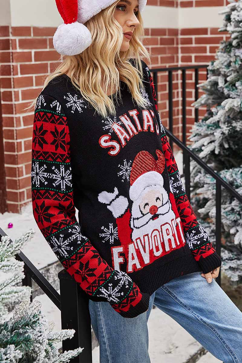 Suéter de punto con cuello redondo y bordado de Papá Noel