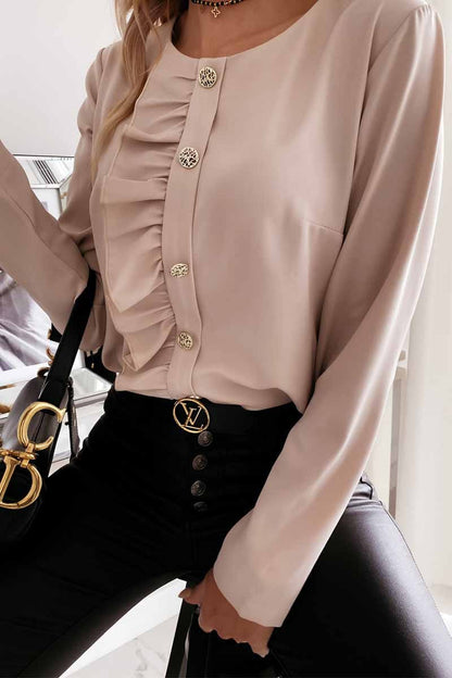 Solid Color Long-Sleeved Ruffled Button Shirt Tops(3 Colors)