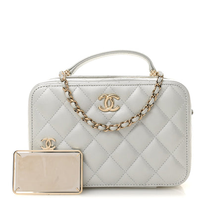 Metallic Lambskin Quilted Top Handle Vanity Case Silver