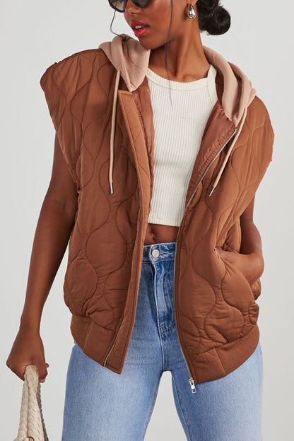 Fall and Forever Zipper Pocket Hooded Quilted Cotton Vest