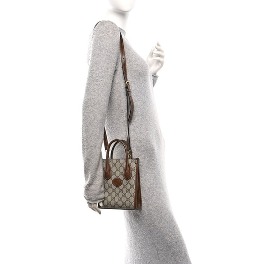 GG Supreme Monogram Azalea Calfskin Mini Retro Interlocking G Tote Bag Beige Ebony Brown Sugar