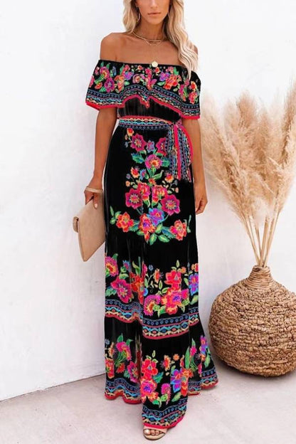 Vestido largo estampado con hombros descubiertos