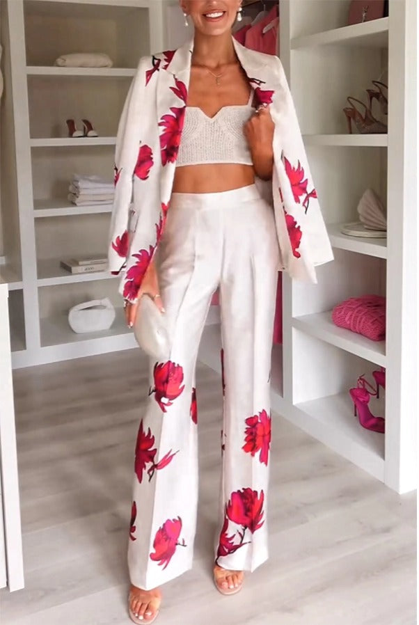 Blazer holgado de satén con estampado floral y solapa de manga larga para asistencia especial