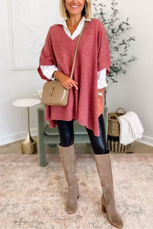 Suéter tipo poncho holgado de color liso con cuello en V más elegante