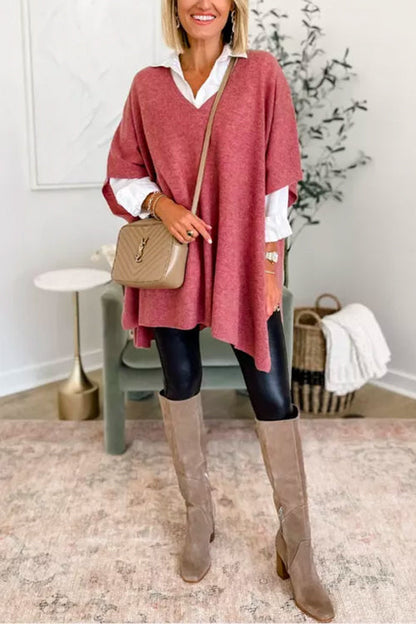 Suéter tipo poncho holgado de color liso con cuello en V más elegante