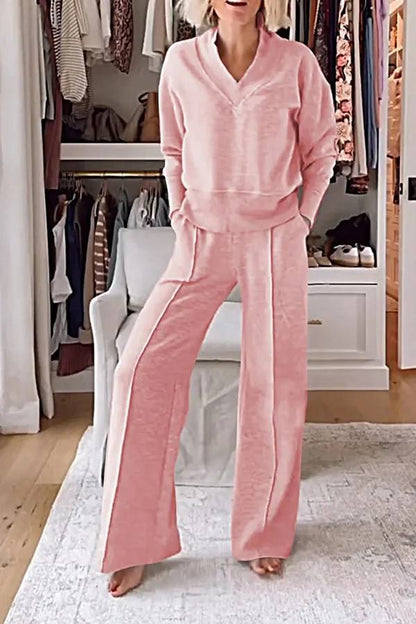 Conjunto de top de cuello en V y pantalones de estar por casa con bolsillos y cintura elástica de color liso para el frío 