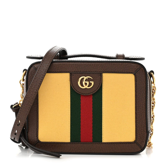 Canvas Textured Calfskin Web Mini Ophidia Top Handle Shoulder Bag Easy  Yellow Dark Brown