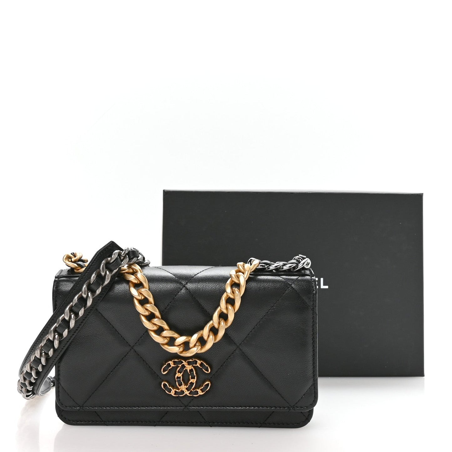 Lambskin Quilted Chanel 19 Wallet On Chain WOC Black