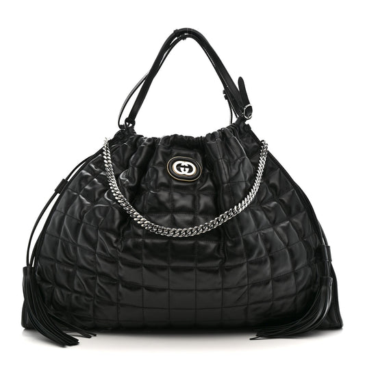 Calfskin Quilted Large Deco Tote Bag Black