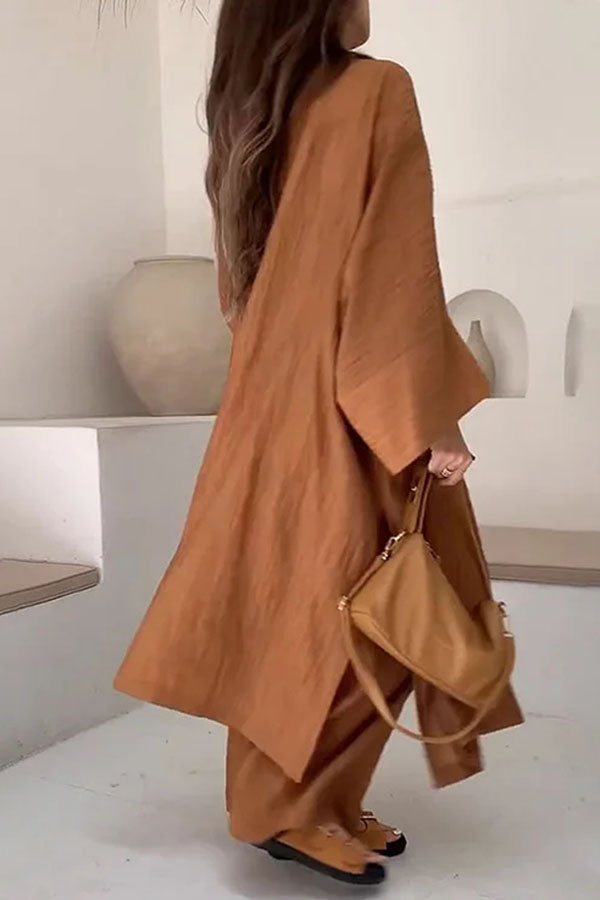 Conjunto informal de dos piezas con cárdigan largo y abertura de moda