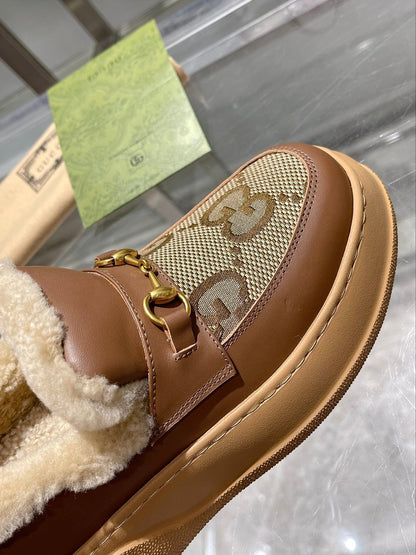 GG Snow Boots Brown Calfskin Denim Wool 576247