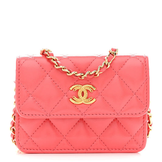 Shiny Lambskin Quilted Card Holder On Chain Pink