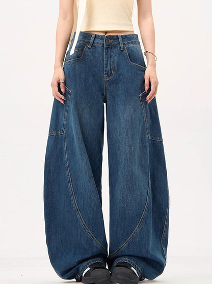 Vintage Blue Large Pocket Wide Scimitar Boyfriend Jeans