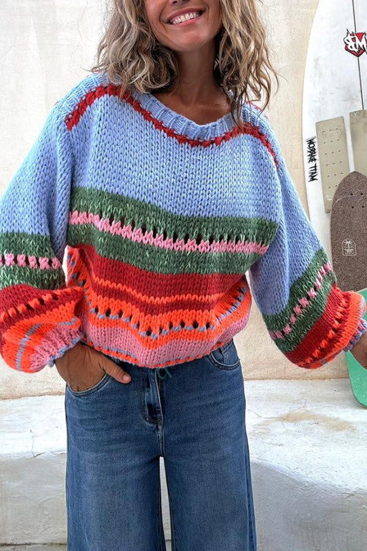 Suéter de punto de manga larga con cuello redondo y diseño hueco multicolor Rainbow Mood