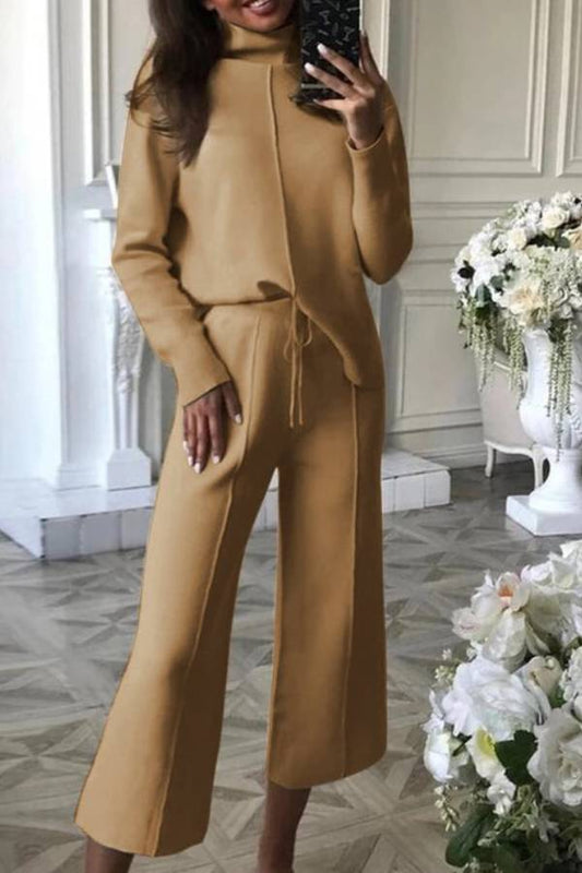 Trajes casuales de dos piezas con pantalones anchos de punto y cuello alto