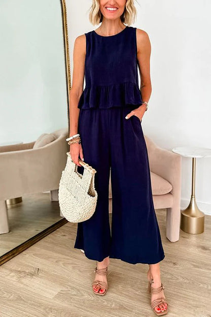 Conjunto de pantalón ancho con top con volantes sin mangas