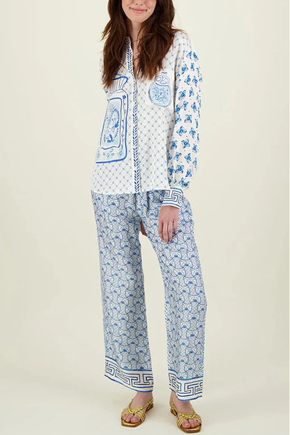 Conjunto de camisa holgada de manga larga y pantalón con cintura elástica con estampado único de dragón estilizado en satén