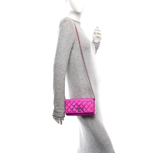 Iridescent Mirror Goatskin Quilted Clutch With Chain Pink