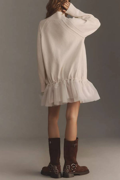 Vestido corto de tul con cuello alto, manga larga y tejido Holiday Cutie