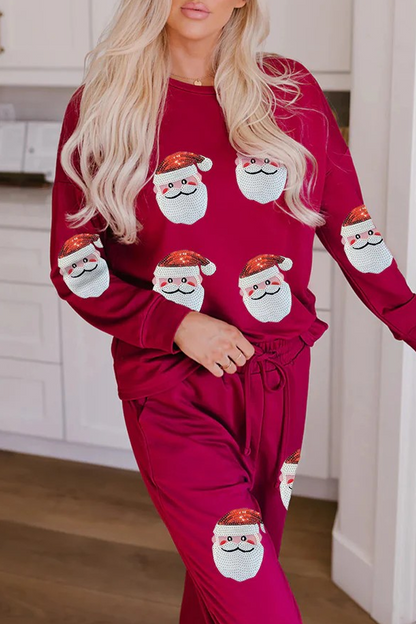 Conjunto informal de dos piezas con cuello redondo, manga larga y lentejuelas, con cordones y árbol de Navidad de Papá Noel para fiesta