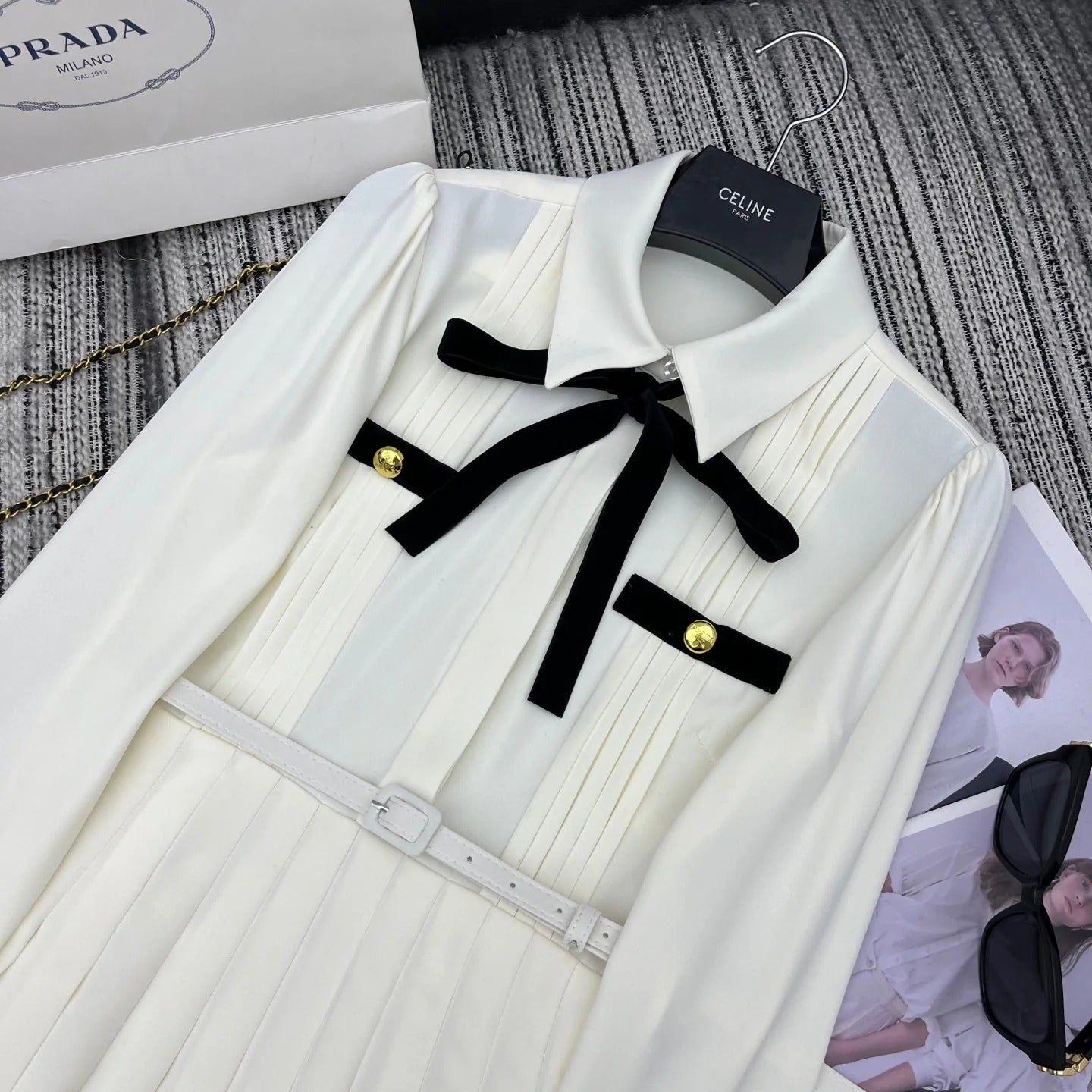 PRADA 25S LONG-SLEEVE COLLARED PLEATED DRESS 360